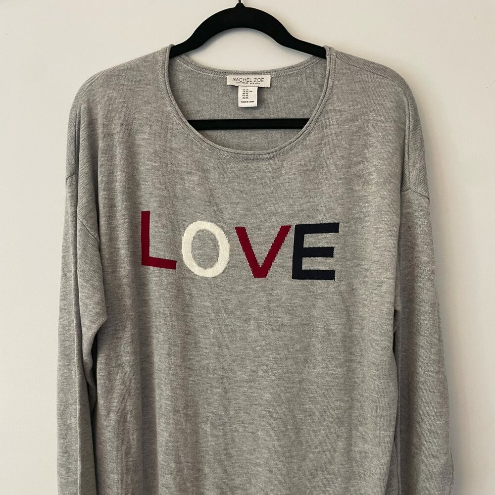 Rachel Zoe Gray 'LOVE' Crewneck Sweater with Red, White & Navy Lettering
